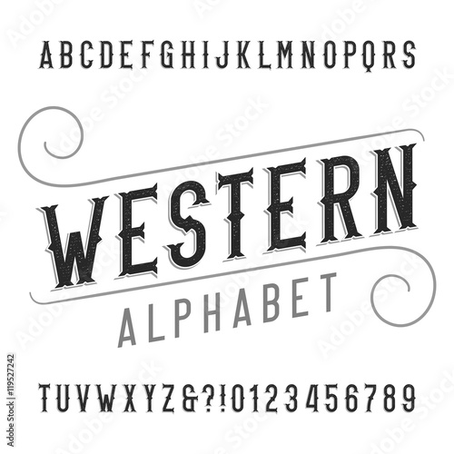 Western style retro alphabet font. Distressed serif type letters, numbers and symbols. Vintage vector typography for labels, headlines, posters etc.
