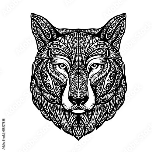 Hand drawn head wolf. Ethnic patterns. Dog, husky or laika. Vector illustration