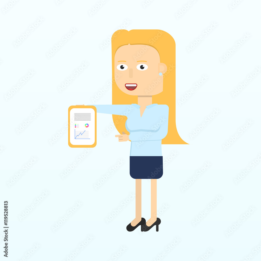 Happy businesswoman character smiling isolated in flat style. Modern woman holding clipboard and showing a graph or presenting growing business. Vector illustration. Happy businesswoman character smiling isolated in flat style. Modern woman holding clipboard and showing a graph or presenting growing business. Vector illustration.