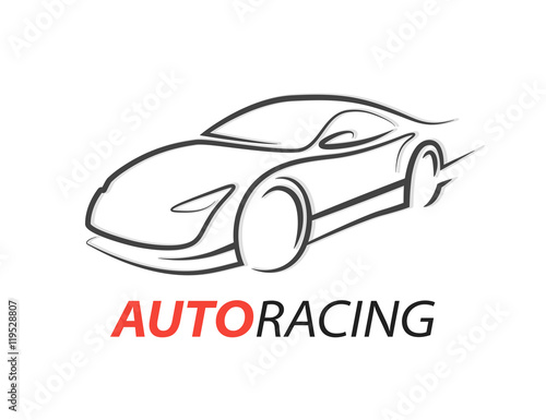 Original concept auto racing car logo with grey supercar sports vehicle silhouette isolated on white background. Vector illustration.