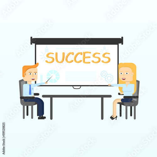 Projection screen. Modern business teachers giving lecture, training, seminar or presentation. Businessman, business coach standing in front of Projection screen. Flat Vector illustration
