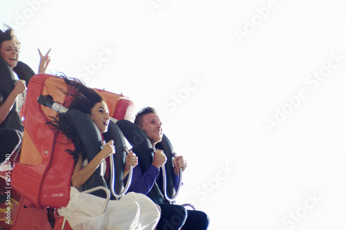 Newlyweds on roller coaster. Group portrait of happy people in amusement park. Emotional wedding, happy positive emotions
