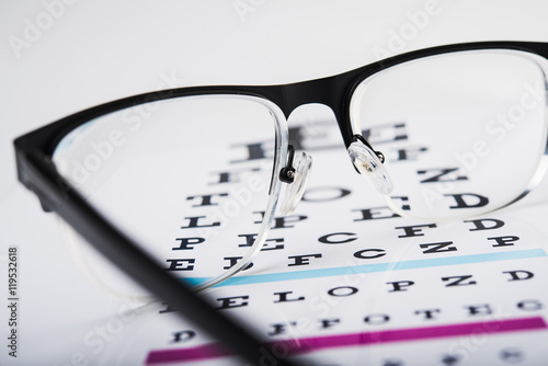 black eye glasses and focus exam test.