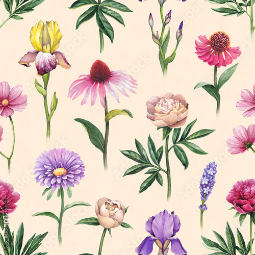 Watercolor flowers illustration. Seamless pattern
