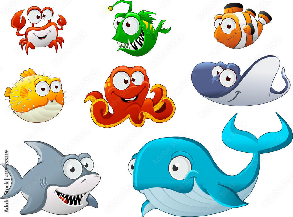 Group of cartoon underwater animal. Cartoon fish under the sea. Stock  Vector | Adobe Stock