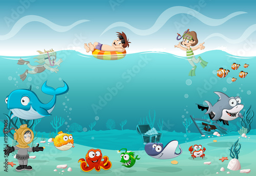 Kids wearing Scuba diving suit and swimming with fish under the sea. Cartoon divers in underwater world with corals.
