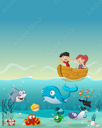 Kids inside a boat at the ocean with fish under water. Cartoon children at the sea.    