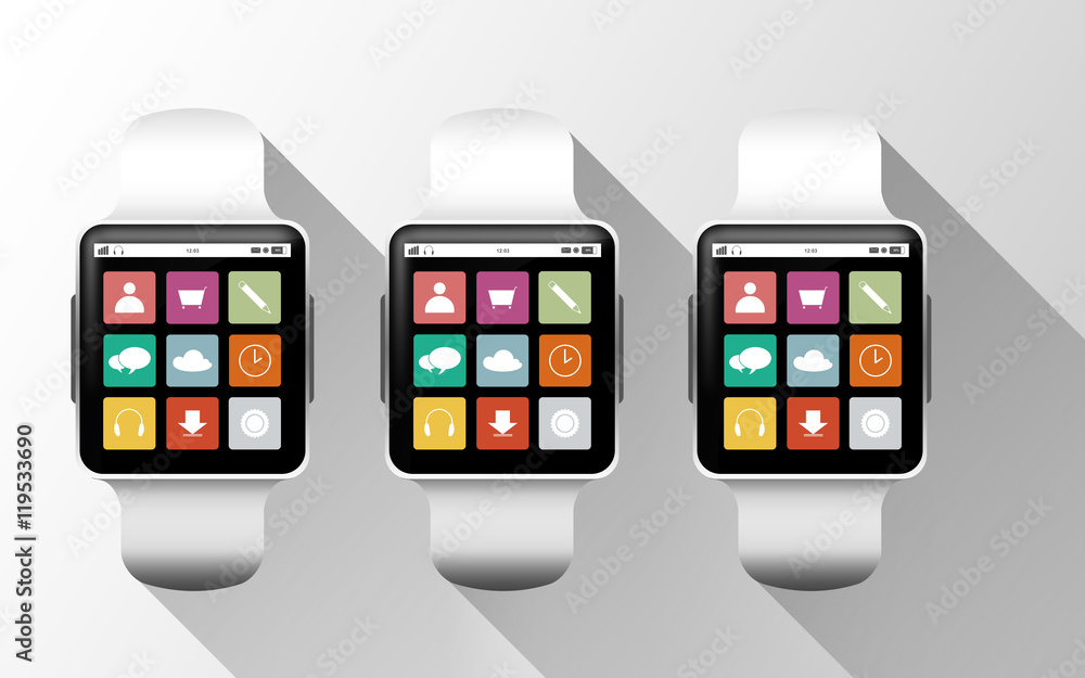 close up of black smart watches with app icons close up of black smart watches with app icons