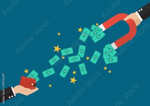 Businessman holding magnet attracting a money from other wallet
