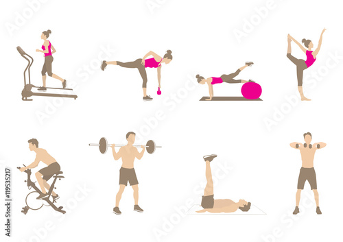 Workout man and woman doing doing fitness and yoga exercises with gym equipment on white background. Full body workout. Vector illustration of healthy lifestyle in flat style.
