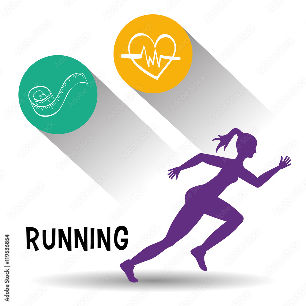 Naklejka premium runner athlete woman girl heart meter running training fitness healthy lifestyle sport marathon icon. Colorful and flat design. Vector illustration