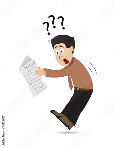 cartoon businessman suprised when reading newspaper