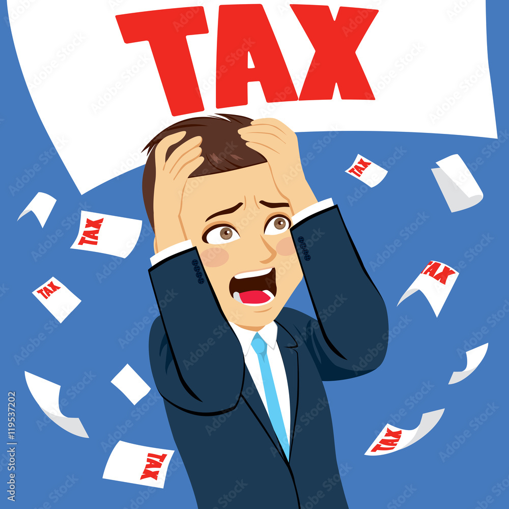 Young businessman with hands on head screaming scared with tax papers Young businessman with hands on head screaming scared with tax papers