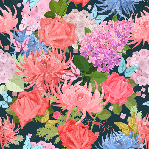 fashion seamless texture with lovely flowers and butterflies. fl