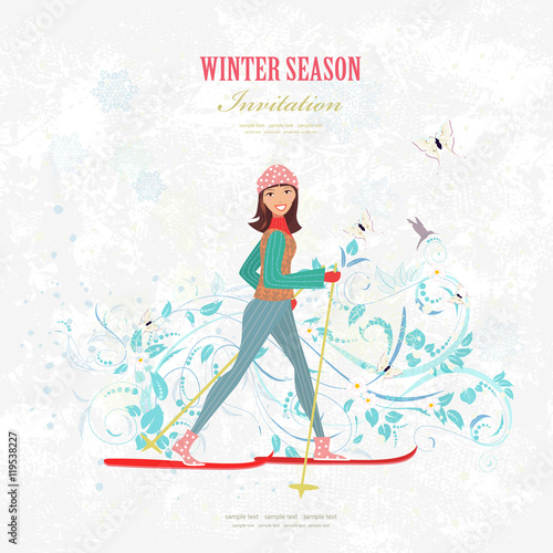 sport Invitation card with a happy girl on cross country skiing