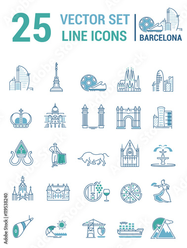 Photography Set vector line icons in flat design with  Barcelona elements