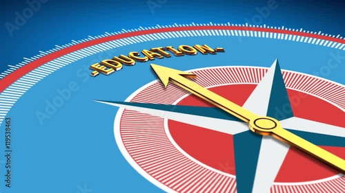 Golden compass arrow pointing on word education. Computer generated 3d animation full HD video