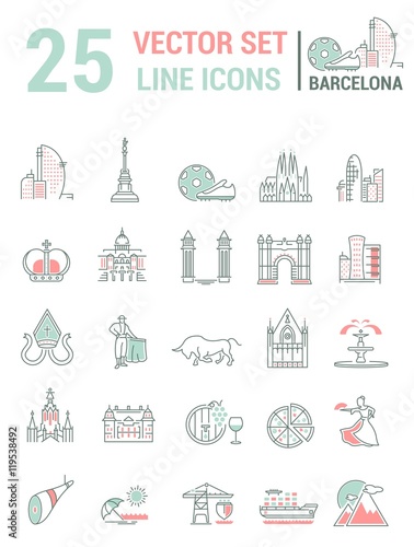 Set vector line icons in flat design with Barcelona elements