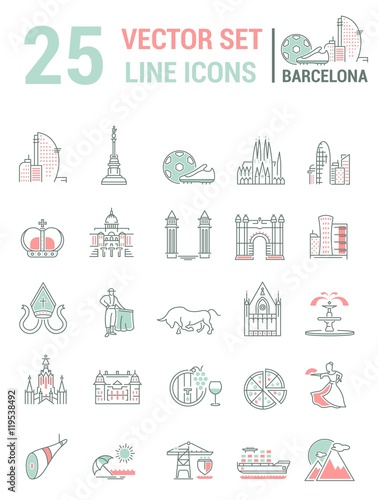 Set vector line icons in flat design with  Barcelona elements