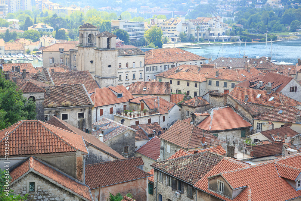 Top view of the tiled roofs of the old town of Kotor, Montenegro.