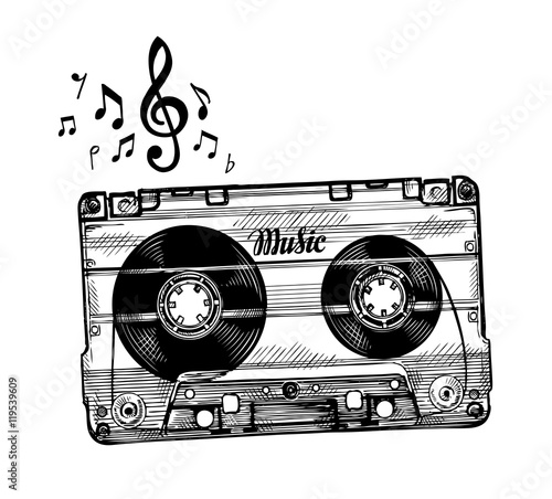 Hand-drawn cassette music. Sketch audio tape. Vector illustration