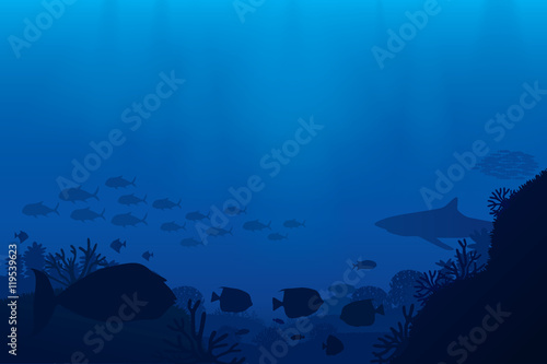 Vector illustration of sea life and coral on seabed background.