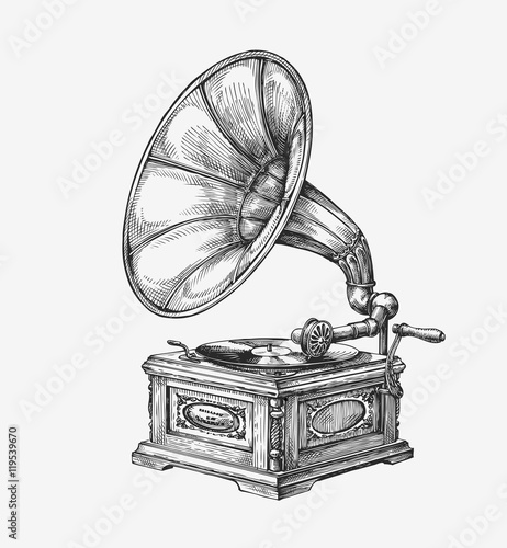 Hand-drawn vintage gramophone. Sketch music. Vector illustration