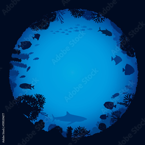 Vector illustration of sea life and coral on seabed background.