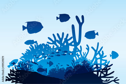 Vector illustration of sea life and coral on seabed background.