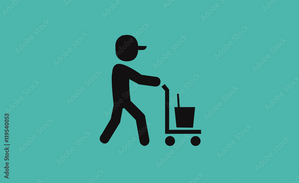 Vector cleaning tool set symbol with man. Flat background Vector cleaning tool set symbol with man. Flat background