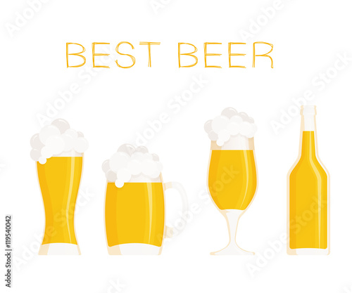 vector set of detailed flat beer container - glass, mug, cup and bottle