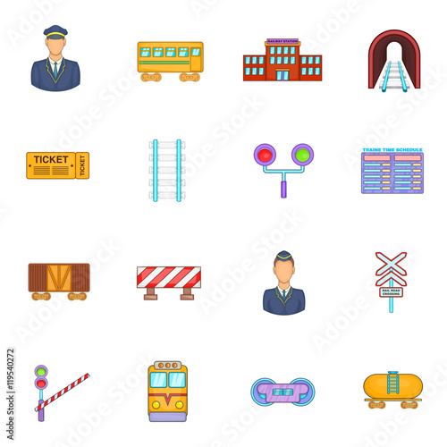 Railway icons set in cartoon style. Rail transportation set collection vector illustration