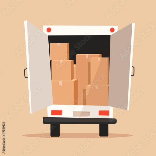 Moving with boxes. Transport company. Cartoon vector illustration
