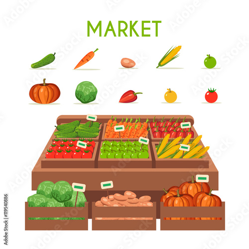 Local stall market. Selling vegetables. Flat vector illustration