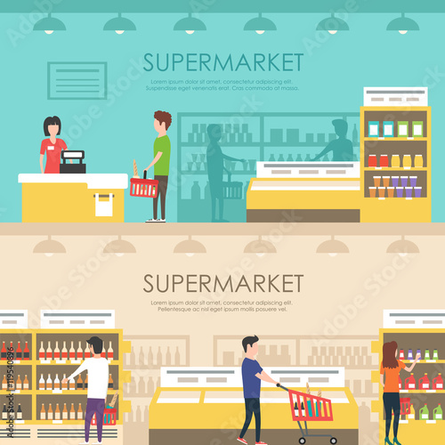 People in supermarket. Vector flat illustration. Grocery store
