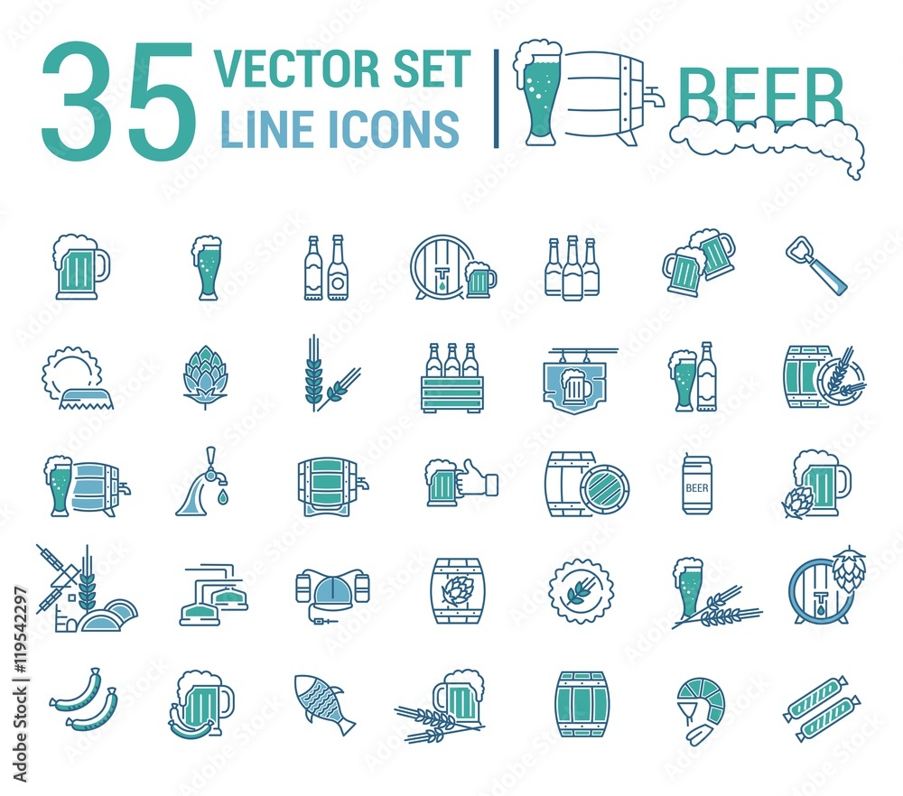 Vector set on the subject of beer and brewing in a linear design Vector set on the subject of beer and brewing in a linear design