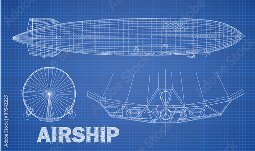 Airship illustration in blue print style.
