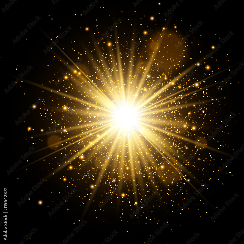 Golden Glow light effect. Star burst with sparkles. Vector Illustration - obrazy, fototapety, plakaty 