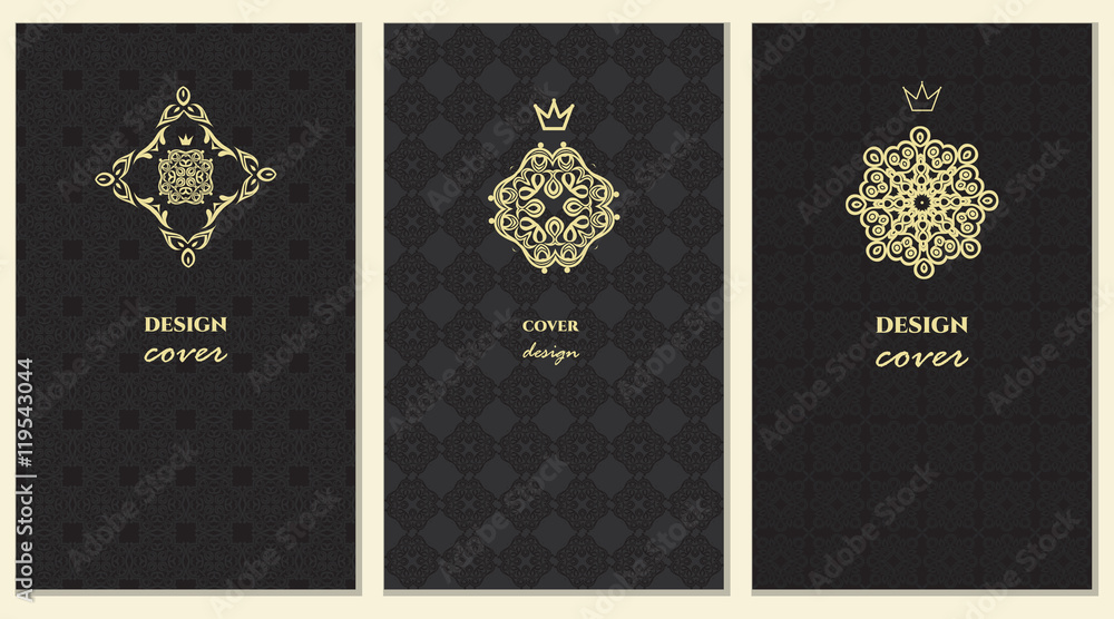 Fototapeta premium Graphic Design Templates for Logo, Labels and cover, black and gold colors. Abstract Line Patterns Backgrounds. Collection for Banners, Flyers, Placards and Posters. Retro Backgrounds.