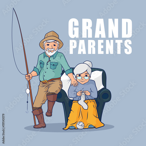 Grandparents sitting together. Happy grandparents day. Grandmother sitting in armchair and knitting socks.