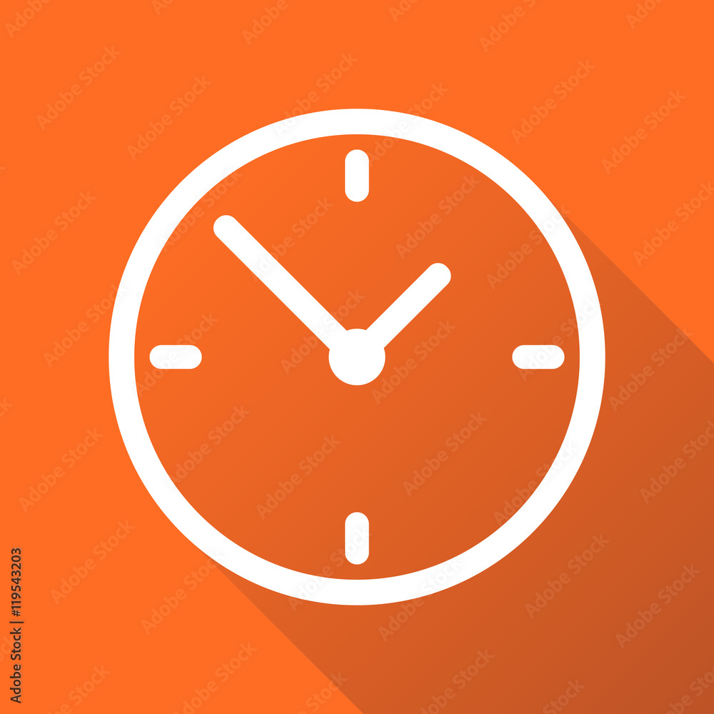Clock icon, flat design. Vector illustration with long shadow on orange background. Clock icon, flat design. Vector illustration with long shadow on orange background.