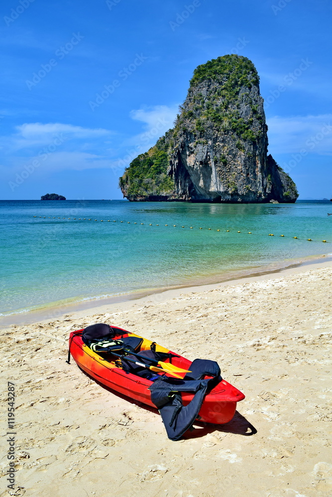 red kayak on Reiley beach.KRABI THAILAND.