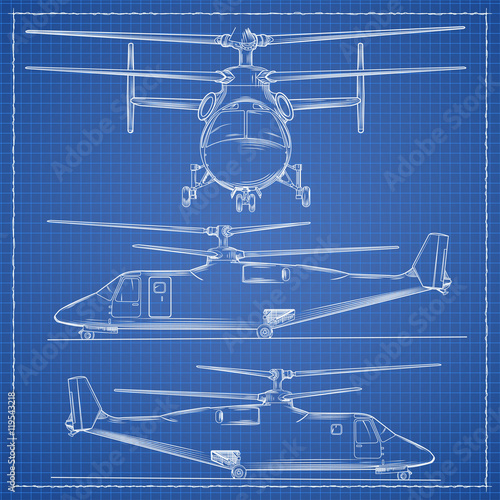 Helicopter illustration in blue print style.