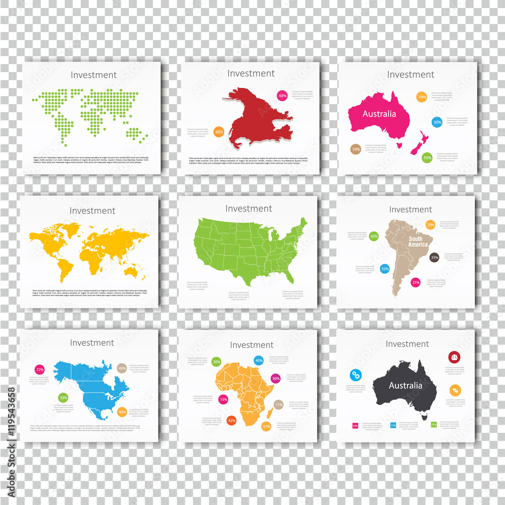 Collection Business Investment World, USA, Australia, North America, Africa Maps Presentation slide Template