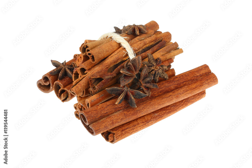 Cinnamon sticks and star anise spice on white background Cinnamon sticks and star anise spice on white background