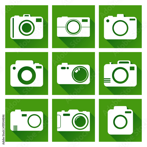 Camera icon set on green background with long shadow. Vector illustration in flat style with photography icons.