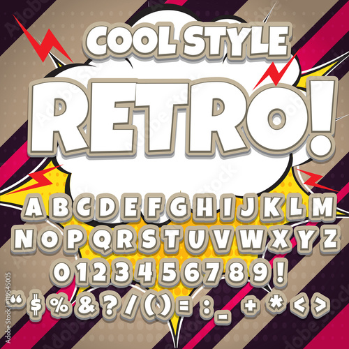 Alphabet collection set. Comic pop art style. Light color version. Letters, numbers and figures for kids