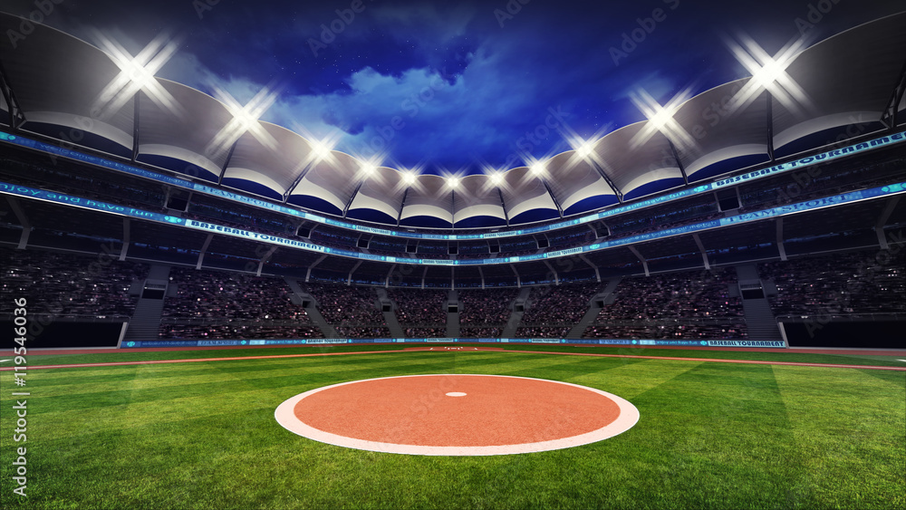 Obraz premium baseball stadium with fans under roof with spotlights