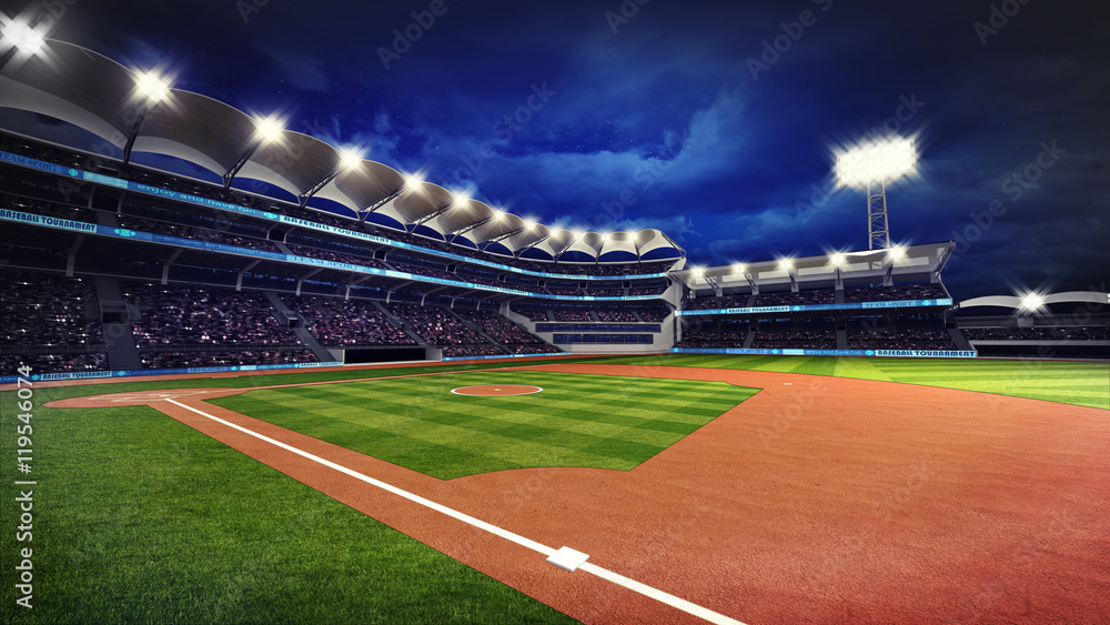 Fototapeta premium illuminated baseball stadium with spectators and green grass