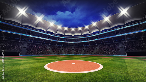 baseball stadium with fans under roof with spotlights